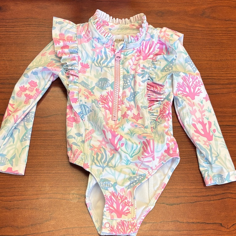 NWOT Cynthia Rowley Pink and Blue Ruffle Swimsuit and sun hat